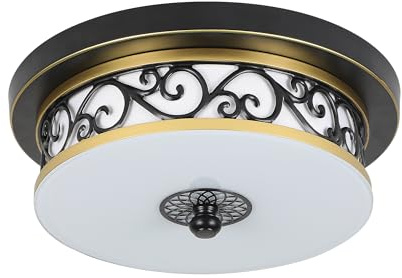 meibeileil Deckenleuchte Vintage Rund,Ø30*H10cm Eisen-Glas-Stoff Deckenlampe Schwarz,Villa LED Deckenlampe flach für Wohnzimmer,Schlafzimmer,Küchen,Esszimmer,Fur Lampe Decke,4500K Neutrales Licht.