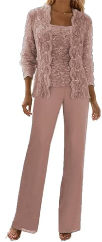 3 Pieces Mother of The Bride Pant Suits 2025 Dusty Rose Semi Formal Outfits for Women Chiffon Dressy Pantsuit Size 10