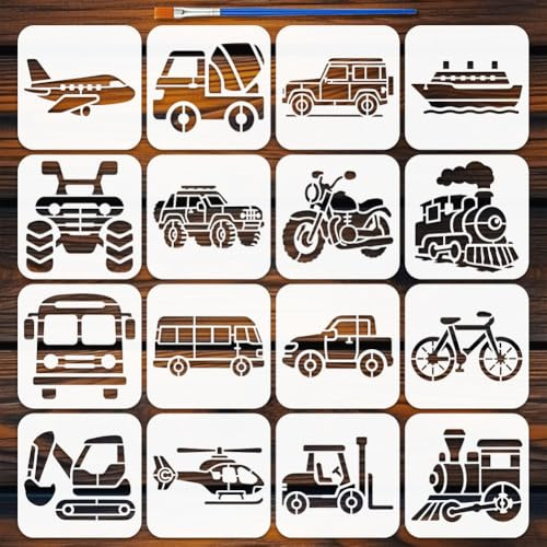 FINGERINSPIRE 16 Schablonen Set Mit Verschiedenen Transportmitteln 15 x 15cm Autos Flugzeuge Schiffe Züge Motorräder Haustiere Für Holzböden Fliesen Wände Und Stoff