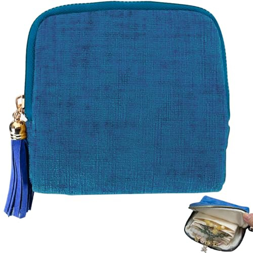 Velvet Zipper Jewelry Pouch, Mini Travel Jewellery Organiser, Small Travel Jewelry Pouch with Multi Compartment, Portable Jewellery Bag with Zip, for Rings Earrings Necklaces And Bracelets (blue)