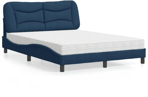 YuuSsea Hvar säng med madrass, blått tyg, 140 x 200 cm, vågformsdesign, andas, hållbar, komfortskummadrass H2/H3, sovrumsmöbler
