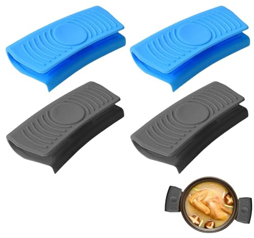 BOHUIMYI 2 Pairs Silicone Assist Handle Holders, Heat Resistant Pan Handle Covers, Non-Slip Pot Handle Grips for Cast Iron Skillets, Kitchen Cooking, Blue & Grey