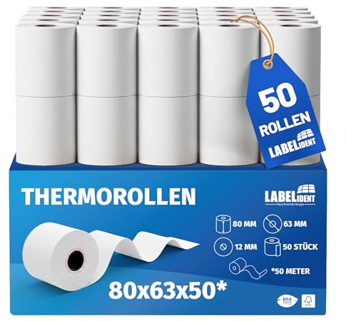 Labelident 50x Thermorollen 80mm x 50m x 12mm, Ø 63 mm, 55 g/m² | Bpa freie Bonrollen, Kassenrollen für alle gängigen Thermo Kassen-Bondrucker