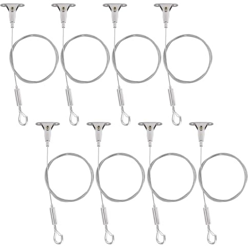 UFURMATE Kit per appendere quadri da parete, 8 set in acciaio inox per cartelli da soffitto, con base regolabile a 180 gradi, corda metallica per esposizione di immagini artistiche (1 m)