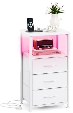 CAIYUN 3 Drawers Bedside Table with Charging Station, 72Hx40W cm Chest of Drawers for Bedroom, Kids, Living Room, Clost, Small End Table with Led and 2 Outlets & USB Ports for Small Space, White