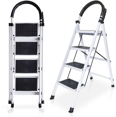 Escalera Plegable de 2, 3 y 4 Peldaños con Soporte Adicional y Mango Antideslizante | Ladder Multifuncional Antideslizante | Ligera, portátil y Segura para Todo Tipo de Tareas (4 Peldaños)