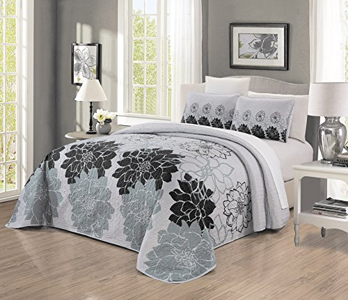 Grand Linen 3-Piece Fine Printed Oversize (115 X 95) Quilt Set Reversible Bedspread Coverlet King Size Bed Cover (Black, Gray, Grey Floral)