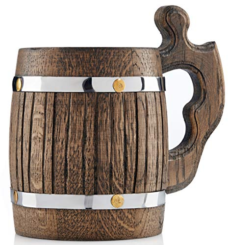 Grande boccale da birra in legno di rovere, realizzato a mano con incredibile capacità artigianale e lavorazione di qualità, rivestito in metallo, robusto, di lunga durata