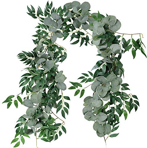 Supla 2 Separate 5.9' L/Pcs Faux Silver Dollar Eucalyptus and Willow Vines Twigs Leaves Garland String Wedding Arch Swag Backdrop Garland Doorways Greenery Garland Table Runner Garland Indoor Outdoor