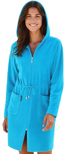 Morgenstern Bademantel Damen Reißverschluss Kapuze Frottee Leicht Kurz Emily Türkis L