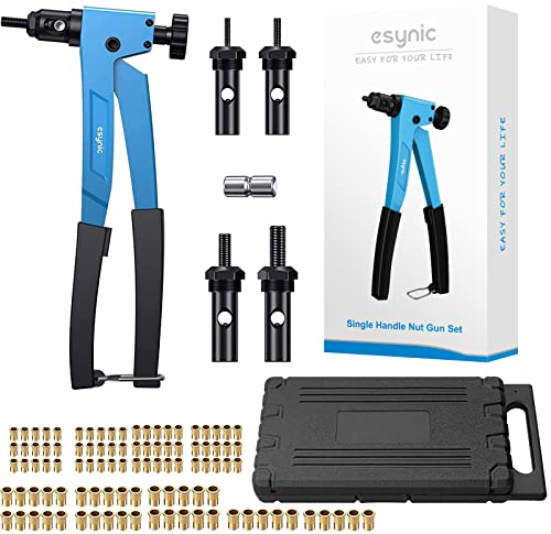 eSynic Rivnut Tool Kit 10 Riv Nut Gun Set with 4 Mandrels & 100Pcs M3 M4 M5 M6 Blind Rivet Nuts Alloy Steel Hand Nut Riveter with Carrying Case for Auto Repairs, Metalworking, Households etc