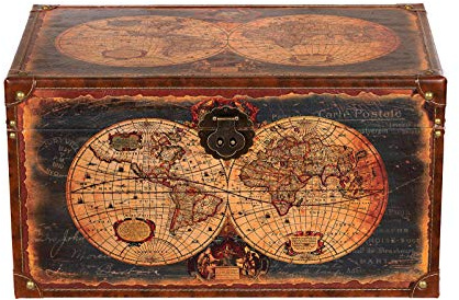 Birendy Truhe Kiste 1622 Weltkarte Holztruhe Schatzkiste mit Kunstleder bezogen (Größe XL 49cm x 28cm x 25cm)