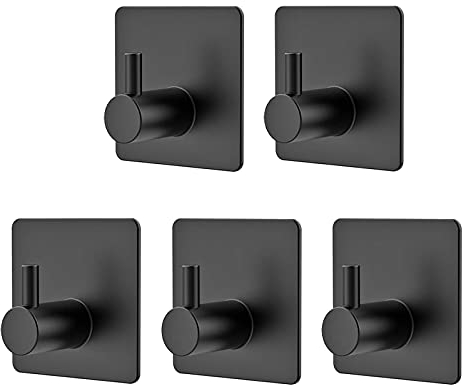Homeasy 5 Pack Self-Adhesive Towel Hook, 5kg Bathrobe Wall Hook, 3M Stainless Steel Brushed Bathroom and Kitchen Towel Rack, No Drilling Black (O-Shaped)