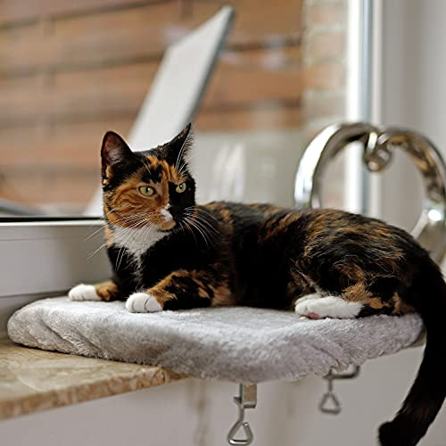 lionto Fensterliege für Katzen gepolstert aus Plüsch, 35x50 cm, Katzenbett für Fensterbänke, Montage ohne Bohren, Abnehmbarer und waschbarer Bezug, belastbar bis 15 kg, hellgrau