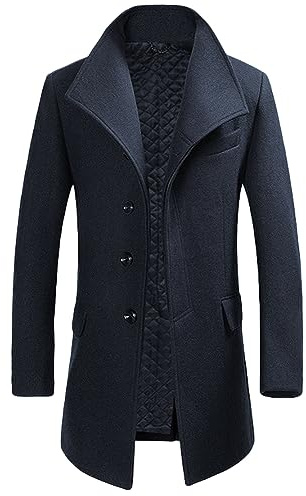 Allthemen Trench da Uomo Colletto alla Coreana Cappotto di Casual Lana Coat Lungo Invernale Cappotto Monopetto 1501# Blu 3XL