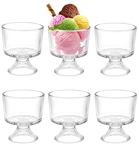 BSTKEY 6PCS Set 10 oz Glass Dessert Bowls/Cups, Cute Footed Dessert Bowls for Ice Cream Trifle Fruit Pudding Snack Salad Condiment Sundae Cocktail Drinks Party