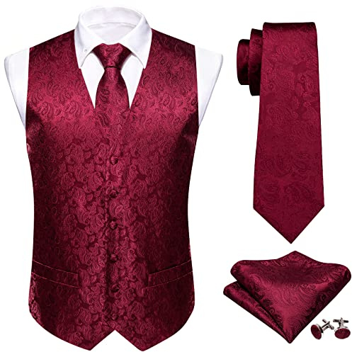 Barry.Wang Ensemble de gilet pour homme motif cachemire en soie jacquard fleuré avec col en V pour costume, cravate, pochette carrée et boutons de manchette pour mariage, smoking, bal, bordeaux, XXL