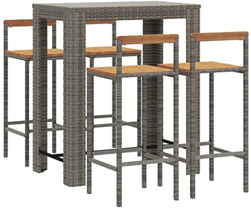 vidaXL Gartenbar Set 5-TLG., Gartenmöbel Bartisch 4 Barstühle, Stehtisch Barhocker für Garten, Sitzgruppe Gartenset, Grau Poly Rattan Massivholz Akazie