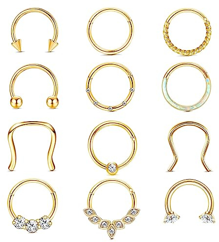 KALVICA 12 Pièces Piercing Nez Anneaux 16G Acier Inoxydable Piercing Nez Or Argent Septum Piercing Bijoux 8/10mm Anneau Nasal Boucles d'oreilles Anneau de Lèvre Ensemble de Piercing