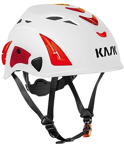 KASK Schutzhelm Superplasma HI VIZ - Arbeitsschutzhelm, Drehrad, Reflexstreifen, EN 397, Farbe:weiß/rot, Einheitsgröße