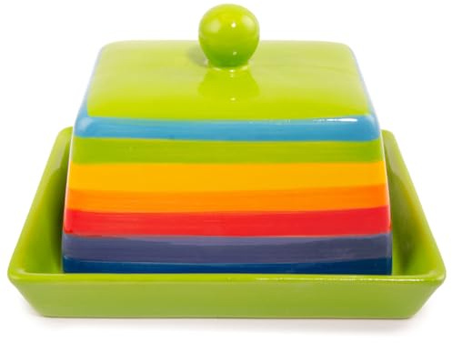 Hand Painted Rainbow Stripe Green Ceramic Butter Dish with Lid
