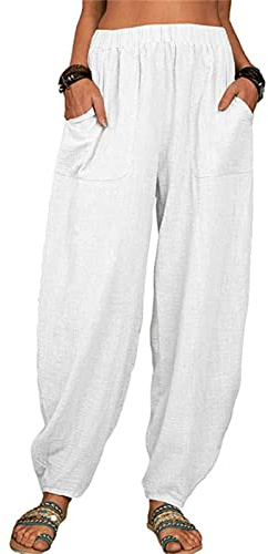 Linnebyxor, dam, lätta, luftiga sommarbyxor, hög midja, yogabyxor, boho, harembyxor, stretch med fickor, kläder, bomull, linne, tygbyxor med fickor, bekväma ventilerande joggingbyxor, yogabyxor, Vit,