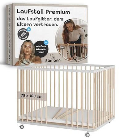 Sämann Laufstall Baby mit 3 Schlupfsprossen | TÜV geprüft | stufenlos höhenverstellbar | Laufgitter Premium | Babybett aus Holz | Krabbelgitter (weiß/natur, 75x100 cm)