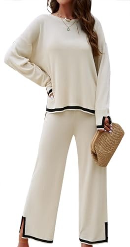 OLIPHEE 2-in-1 Damen Elegant Stricktop und Strickhose Sommer Set - Bequeme Loungewear Damen Business Casual Set Freizeit Trainingsanzug Langarm Strickpullover Beige M