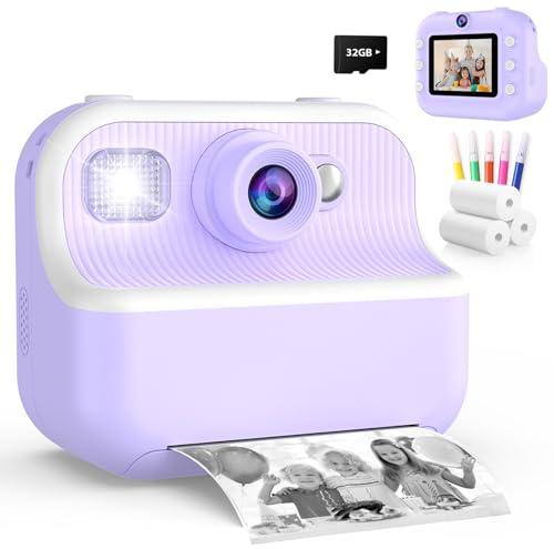 Kinderkamera Sofortbildkamera, Weihnachten Geburtstagsgeschenk Geschenk Mädchen 3-12 Jahre, 48MP 1080P 2.4 Zoll Selfie Digitalkamera Kinder mit Druckpapier & 32GB Karte, Spielzeug ab 3-9 Jahre Mädchen