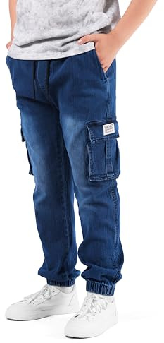 NATUST Boys Cargo Trousers Kids Elastic Waist Joggers Multi Pockets Jeans Pants Blue 5-6 Years