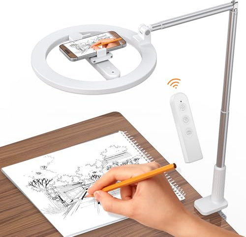 10'' LED Ring Light Overhead Phone Mount Built-in Battery, Overhead Fill Light and Phone Holder Circle Desk Ring Light with Clamp for Video Recording, Zoom Meeting, Live Streaming Tiktok, YouTube