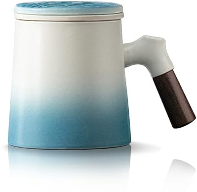 fanquare Tasses à Thé Bleues et Blanches avec Manche en Bois Tasse à Thé en Céramique avec Infuseur et Couvercle, Tasse à Thé pour l'infusion de Feuilles en Vrac