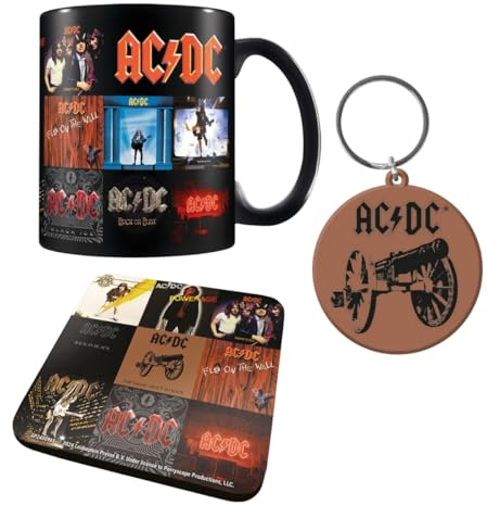 AC/DC Geschenkset (Becher, Untersetzer und Schlüsselanhänger) – Offizielles Merchandise, inklusive Premium-Keramikbecher, Untersetzer und Schlüsselanhänger, perfekt für Rock-Fans, ideal zum