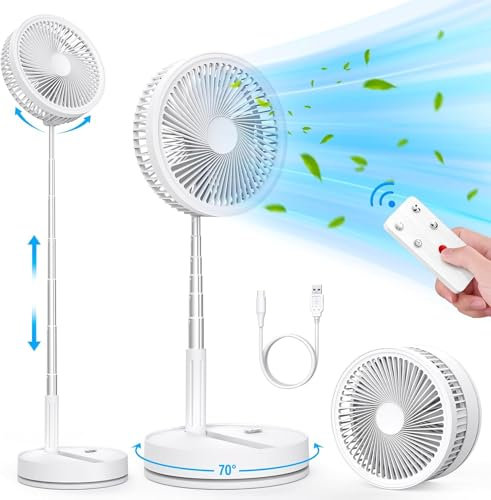 LIPETY Tragbarer Faltbarer Oszillierender Klein Ventilator, 9 7200 mAh Akku Aufladbar USB C Tischventilator mit Fernbedienung, Mini Leise Standventilator für Hause Schlafzimmer Reisen Camp