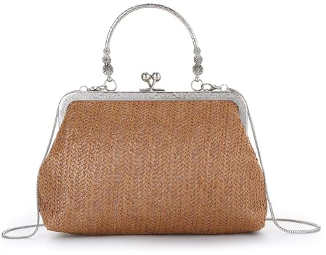 Ynport Crefreak Femmes Paille Rétro Sac à main Vintage Top Handle Sac Kiss Lock Clip Bandoulière Sac à Bandoulière Sac à main Sac de Plage Tissé d’été Sac à main Avec Sangle de Chaîne