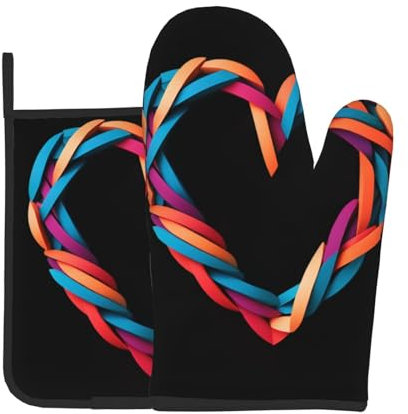 LLKGOT Set di guanti da forno e presine intrecciati con stampa a forma di cuore per aprire il coperchio della pentola in cucina, forno a microonde, forno