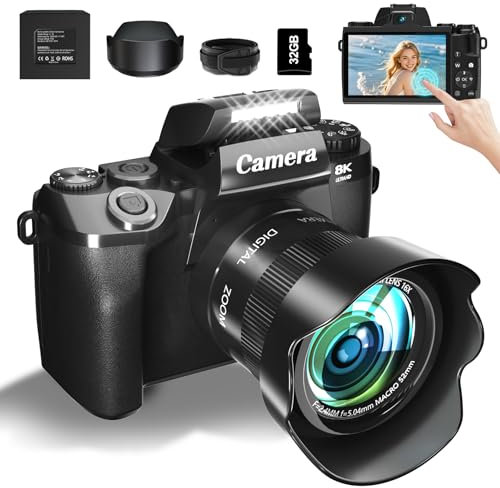 8K Digital Camera for Photography and WiFi & Dual-Lens Vlogging with 4 Touch Screen, 64MP Vlog Cameras 16X Digital Zoom, 3000mAh Battery, 32GB TF Card & Lens Hood(Black)
