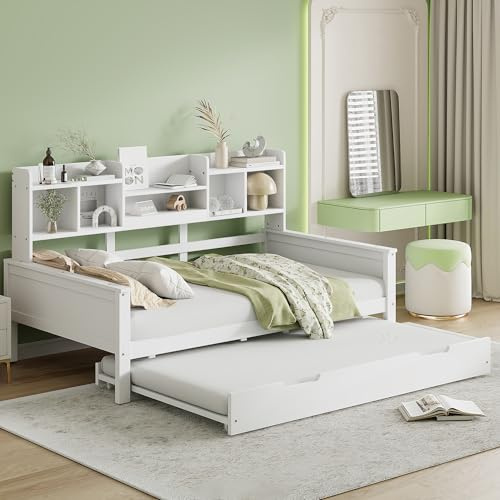 Sofá cama extensible de madera maciza, cama nido 90 x 190 cm, con compartimento de almacenamiento y somier, cama multifunción de pino, cama individual (blanco, 90 x 200 cm)