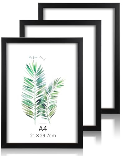 Halinuia - Marco de fotos (3 unidades, A4, 21 x 30 cm, marco de madera con hoja acrílica, marco de tabla, visualización vertical y horizontal para fotos, carteles, rompecabezas, color negro