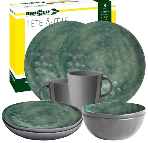 BRUNNER Campinggeschirr Melamin (Set 8 12 16 36 Teilig) Venetian Sea Green | Antislip (Antirutsch), 2-4 Personen, wie Steingut (StoneTouch), Bruchfest, Teller & Schüsseln, Wohnmobil Wohnwagen Boot