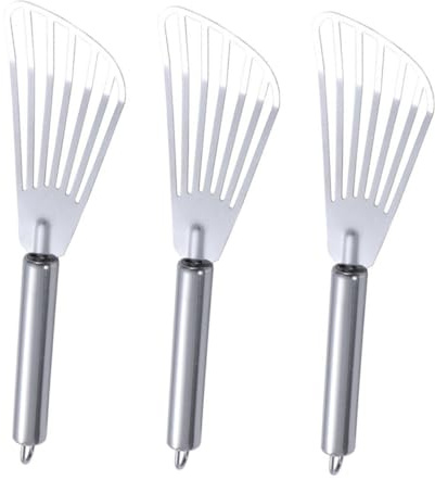 Spatule de Cuisson en Acier Inoxydable 3 Pièces Argenté | Ajourée, Polyvalente et Pratique, Lot pour Steak et Poisson, Format Compact