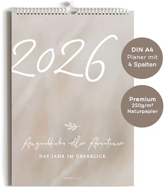 Familienkalender A4 Beige | Wandkalender 2026 mit 4 Spalten & deutschen Feiertagen | ideal für die ganze Familie, Paare, Kollegen oder Geschenk NORDEULE®