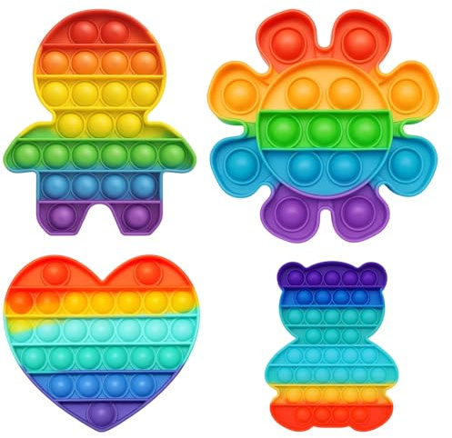 Pop It Spielzeug, 4er Set mit Bär, Herz, Blume und Figur, Antistress Spielzeug aus lebensmittelechtem Silikon, Ideal für Kinder und Erwachsene