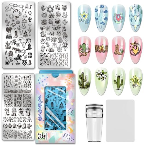 Ph Pandahall 3 pezzi di piastre per stampaggio di nail art western cowboy, modelli per unghie cowboy con cappello e stivali, stencil per nail art in stile sudoccidentale in acciaio inossidabile per