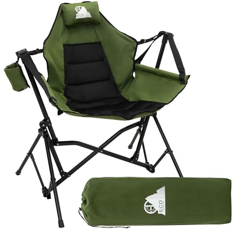 ECD Germany Silla Plegable Camping, Pesca con Acolchado Caqui, Estructura de Acero, Cojín Cervical, Portavasos y Bolsa, Asiento con Respaldo Alto para Playa, y Picnic, Carga de 150 kg
