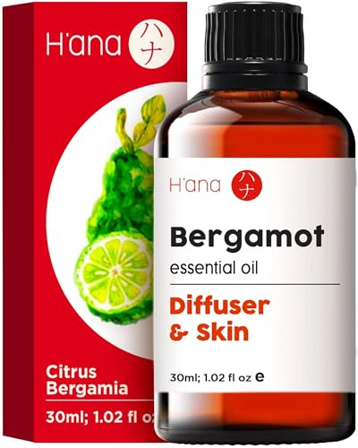 H'ana Ätherisches Bergamotten Öl für Diffuser, Haar, Shampoo, Haut und Aromatherapie - 100% Reines Bergamottenöl mit einem Frischen, Zitrusartigen Duft (30 ml)