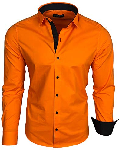 Baxboy Camicia da uomo a maniche lunghe, Slim Fit, facile da stirare, per lavoro, tempo libero, matrimonio/Con colletto Kent, modello B-500, arancione_1, M
