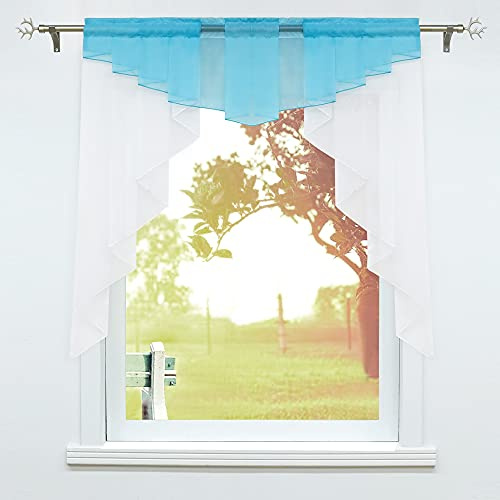SCHOAL Scheibengardinen, Küche Gardinen, BxH 100x100 cm Blau | Kleinfenster Küchengardine mit Kräuselband oder Tunnelzug, Bistrogardinen Voile, Transparente Kurzgardinen Modern, 1 Stück
