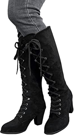 ticticlily Botte Haute Femme Daim Talon Botte Longue Hiver Élégante Bottes Lacet Confortable Bottes Équitation Femme Noir 43 EU