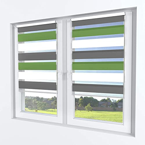 Rollmayer Doppelrollo Klemmfix ohne Bohren Klemmrollo Fensterrollo Duo Rollo Sonnenschutzrollo Zebrarollo Seitenzugrollo für Fenster und Tür (Weiß Grau Grün - 45 x 150 cm - BxH)